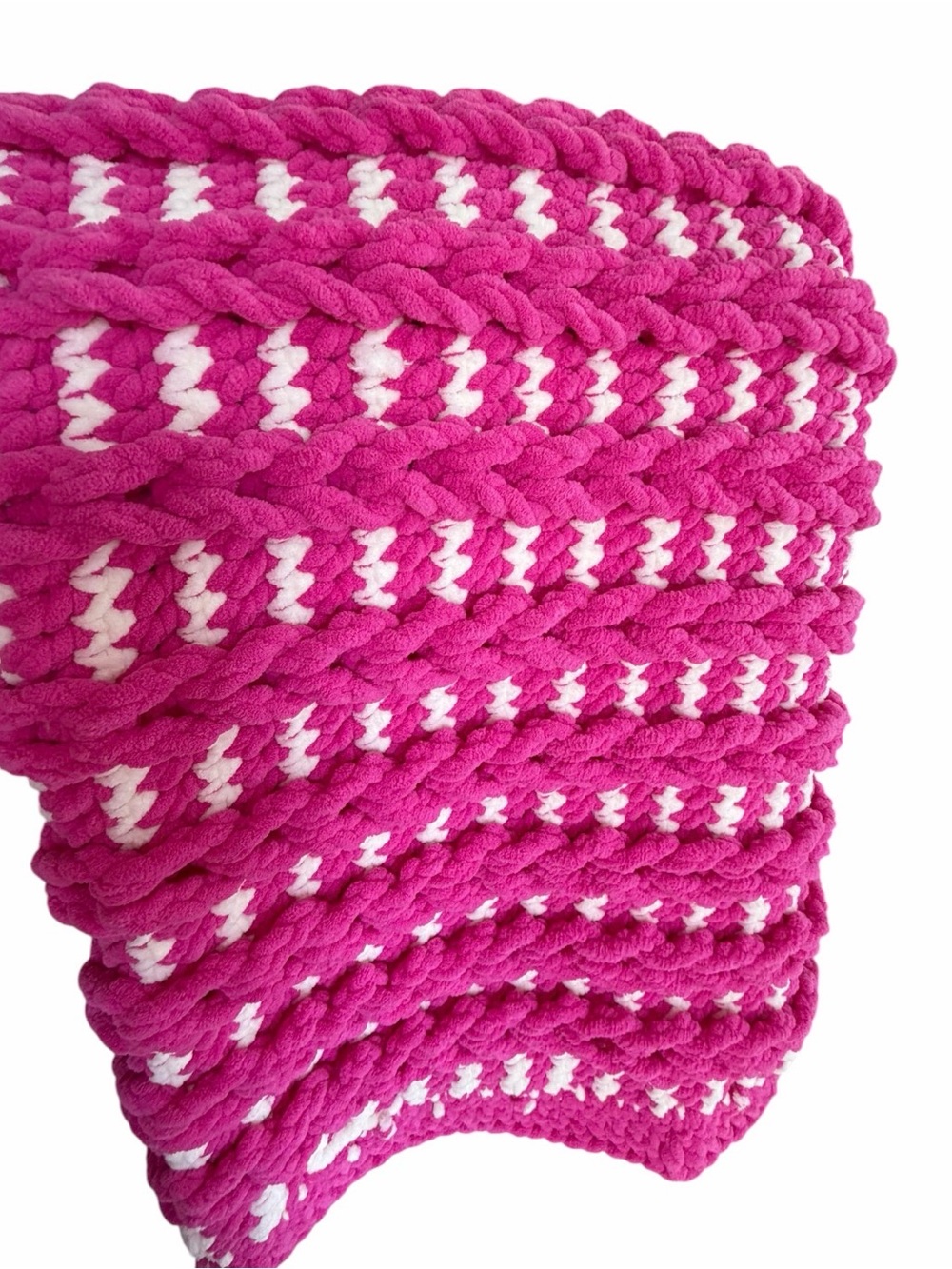 Handmade Chunky Chenille Crochet Blanket Hot Pink White Cozy Throw 57x40 - Picture 4 of 7